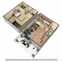 Floor plan for 1 bed, 1.5 baths, 972 sqft